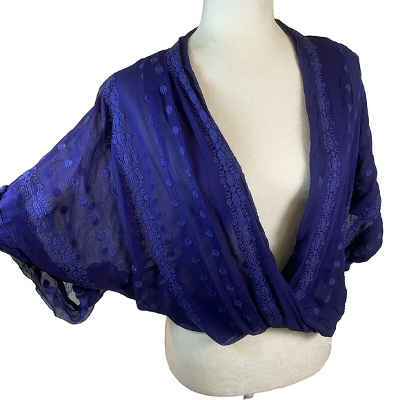 Anthropologie ZOA Womens XS Sheer Silk Purple Wrap Crop Dolman Blouse Boho Top - Picture 2 of 12